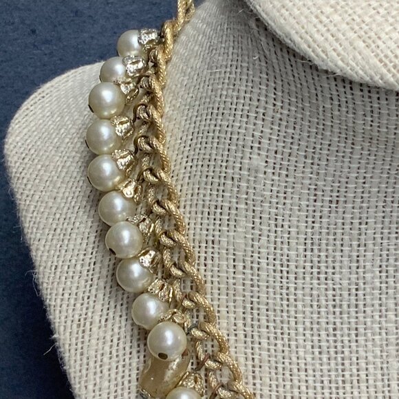 Retro Chunky Statement Necklace 14 In Textured Gold Chain Pearl Organic Round - Picture 2 of 6